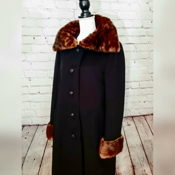 Vintage 1950's Saks Fifth Ave Black Wool Fur Coat - Picture 2 of 8